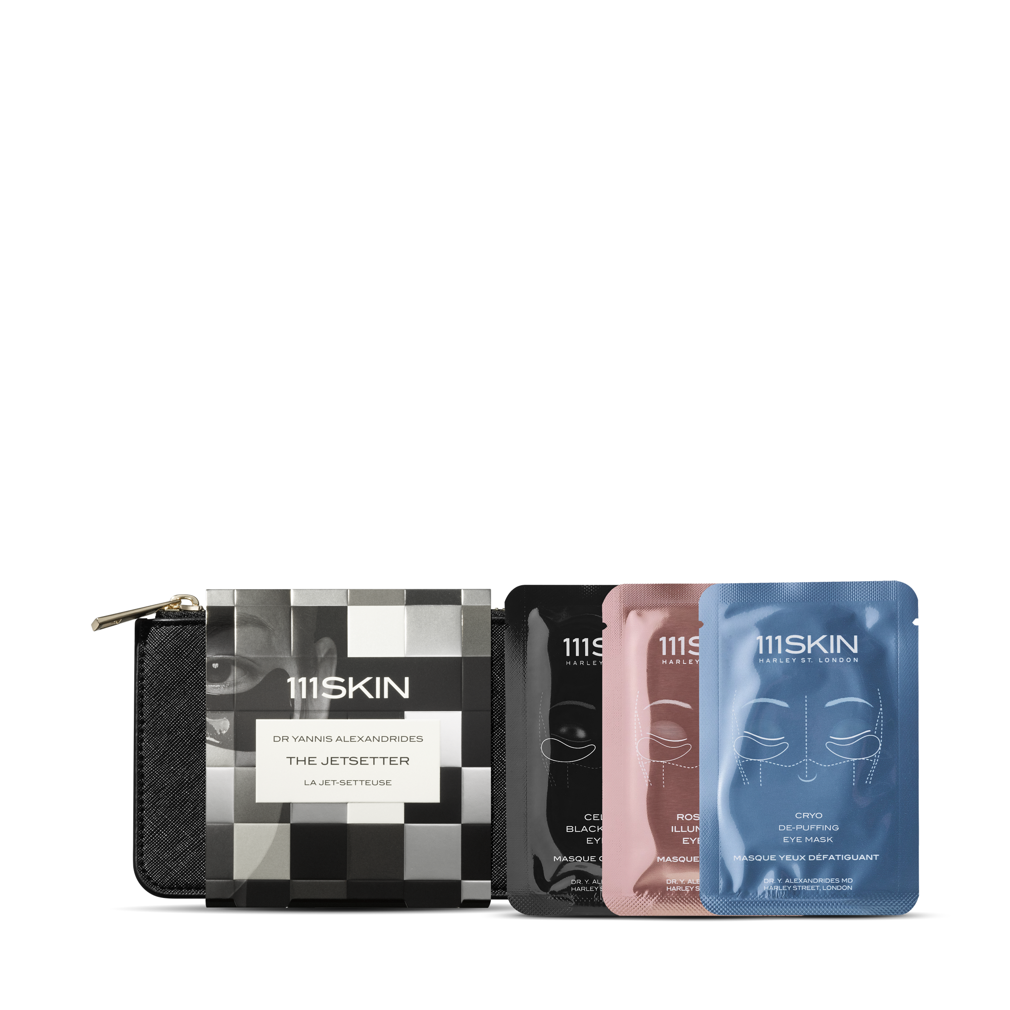 111SKIN The Jetsetter limited-edition set: black zip wallet, checked gift sleeve and three hydrogel eye masks