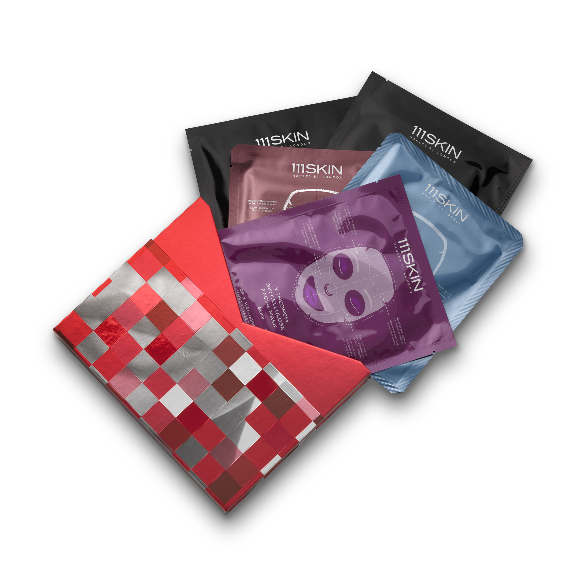 Open 111SKIN Mask Discovery Collection box with face and neck mask sachets fanned out