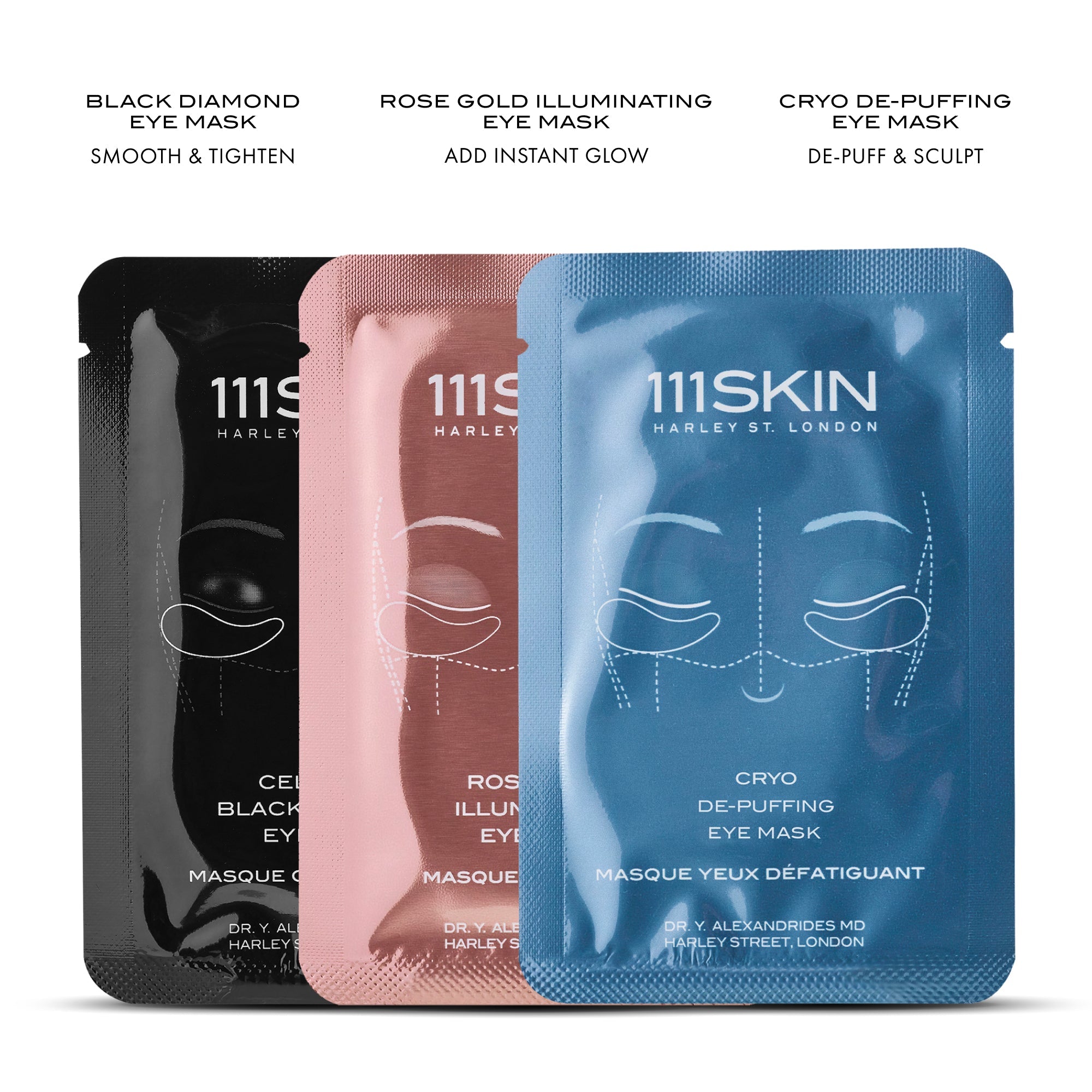 The Jetsetter key benefits: Black Diamond Eye Mask smooths and tightens, Rose Gold Illuminating Eye Mask adds glow, Cryo De-Puffing Eye Mask de-puffs and sculpts