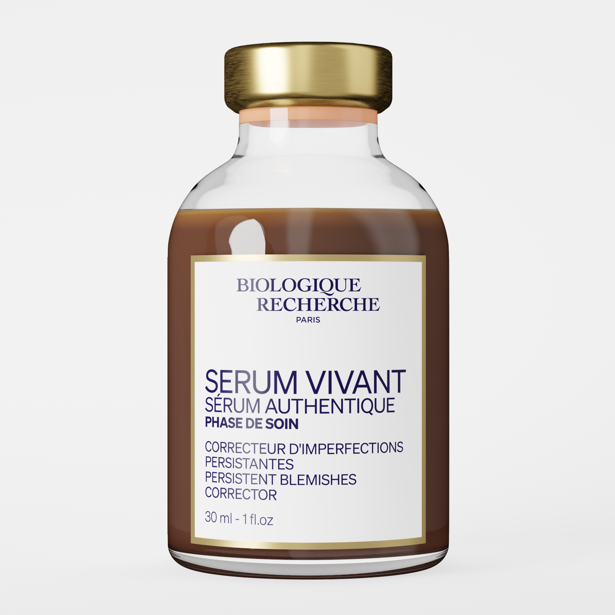Biologique Recherche Serum Vivant skincare bottle with a gold cap and white label on a light gray background.