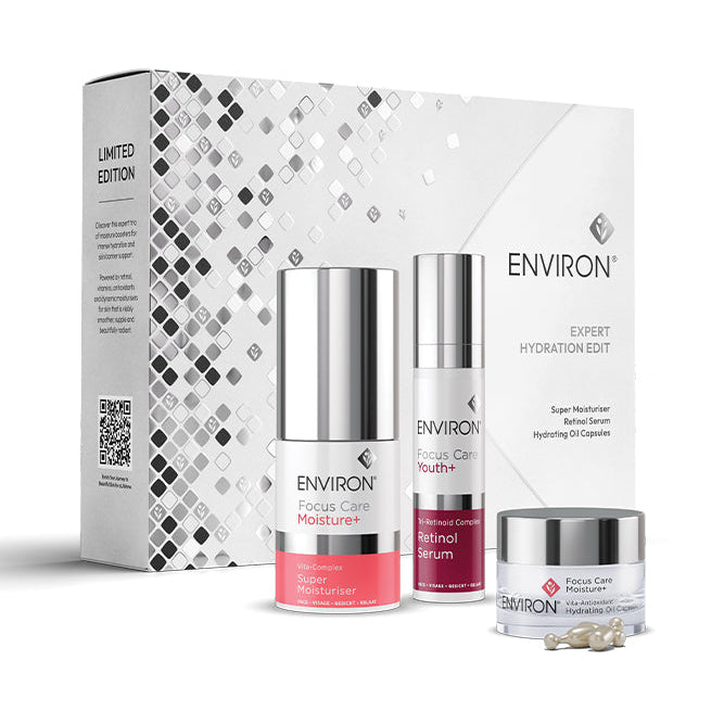 Environ Expert Hydration Edit gift set with Super Moisturiser, Retinol Serum and Hydrating Oil Capsules in deluxe travel sizes